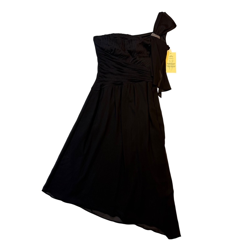 Sangria Black One Shoulder Cocktail Dress Rhinestone Ruched AWYEC32I Size 10 NWT